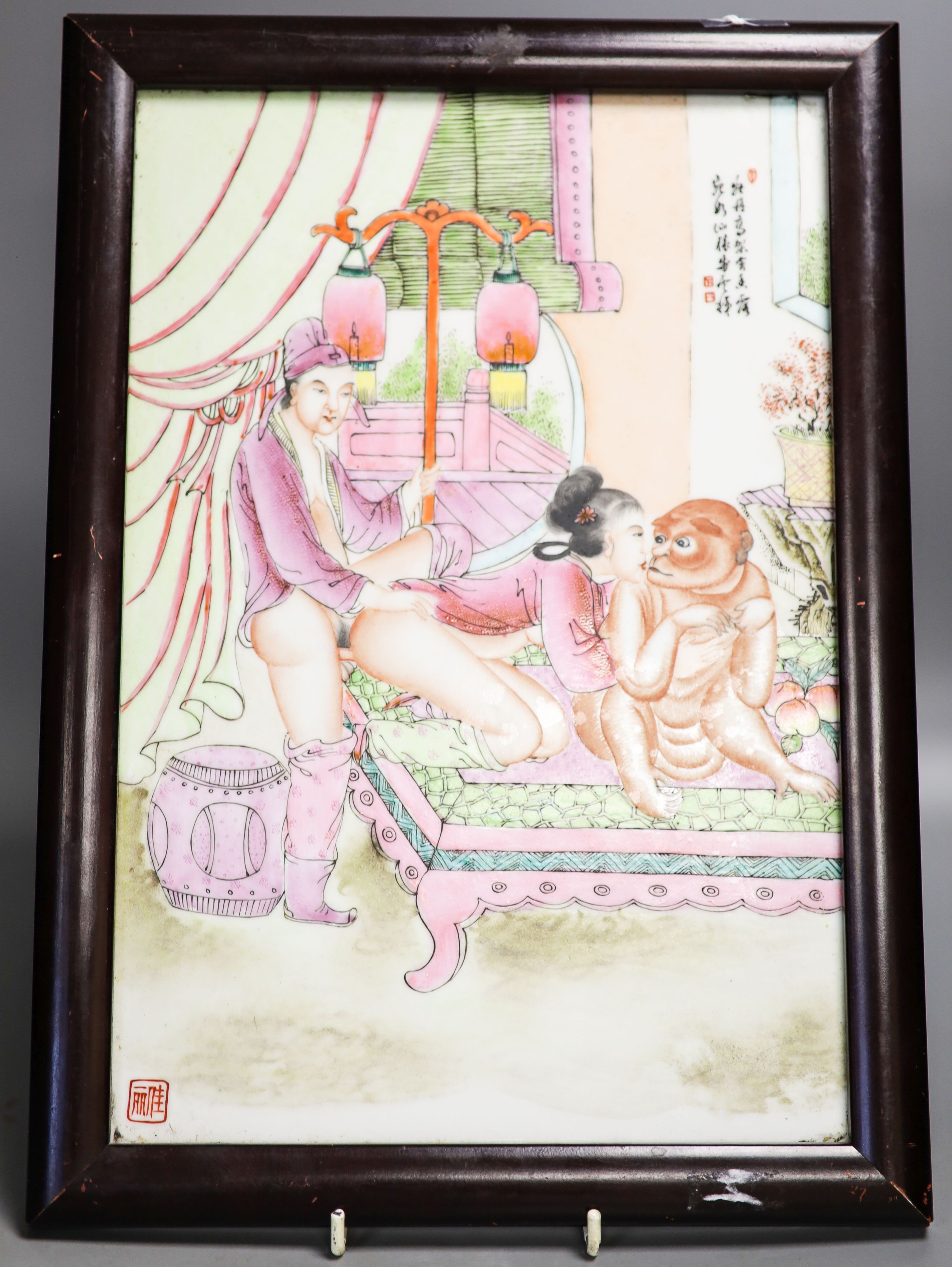 A part set of eleven framed Chinese porcelain plaques, zodiac erotic subjects 36x24cm